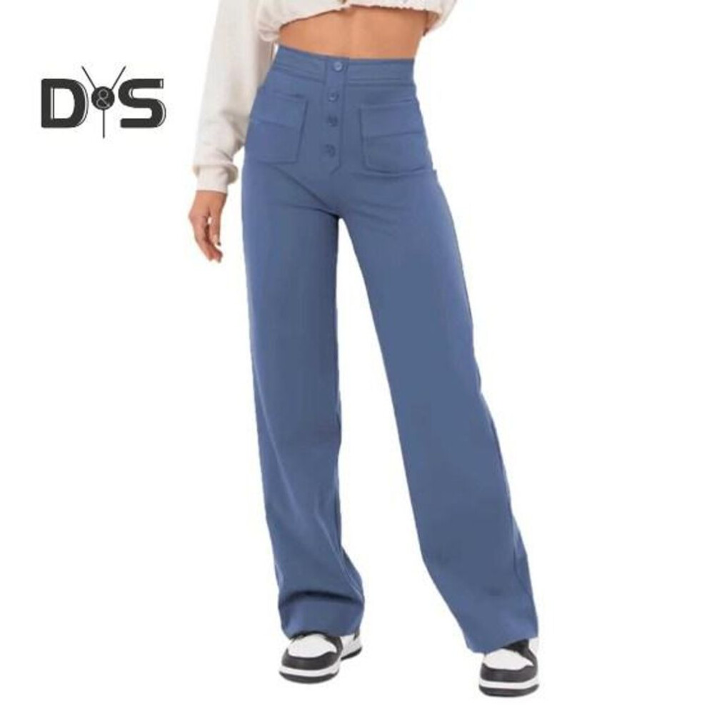 (blue, XXL) Women Pants Solid Color Elastic Waist Straight Leg Casual Trousers with Multi-Pocket Design Leisure Long Pants