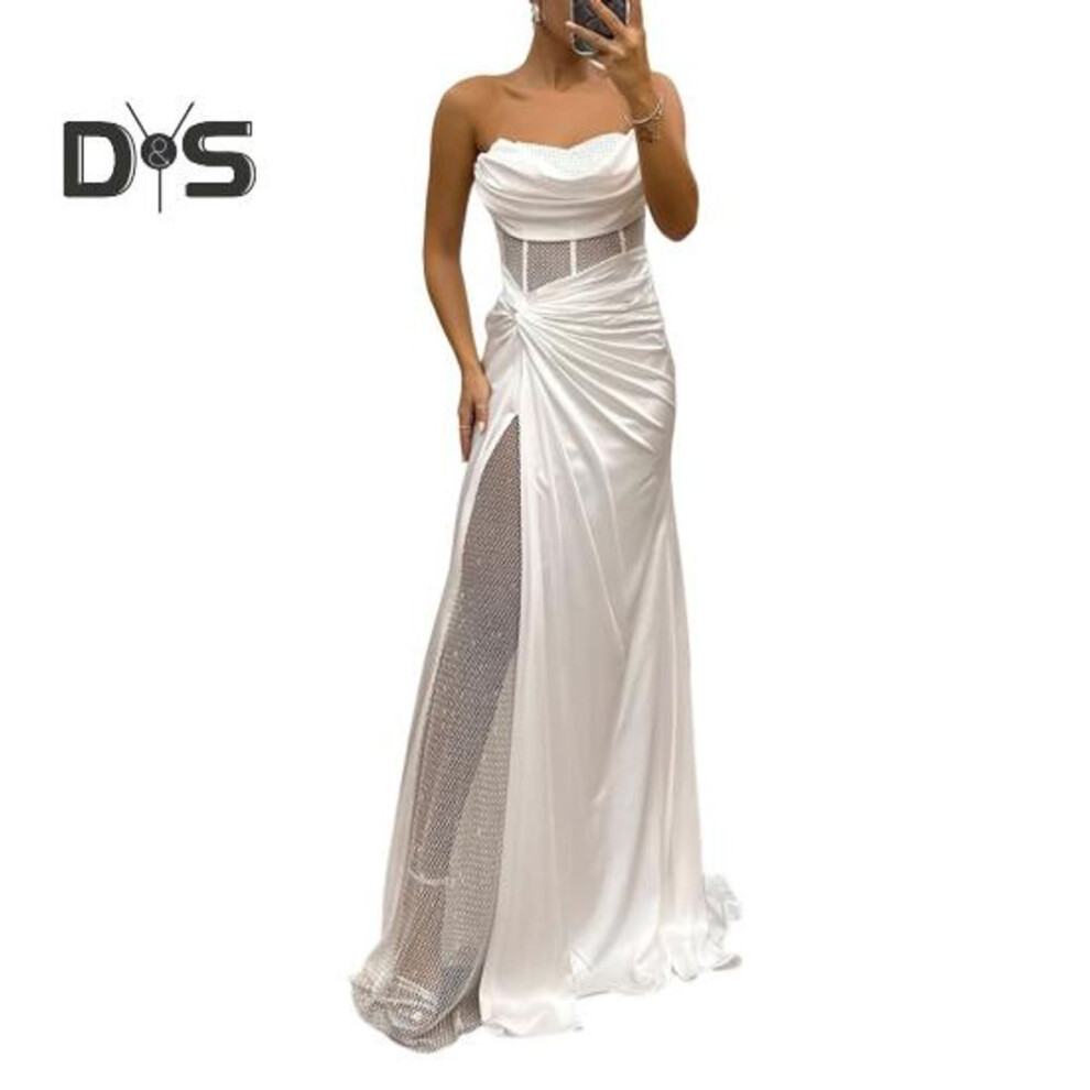 (white, M) Lady Evening Dress Bandeau Off Shoulder Sleeveless Pleated Knot Mesh Patchwork Shiny Sequin Ball Gown Satin Floor Length Banquet Prom Maxi Dress
