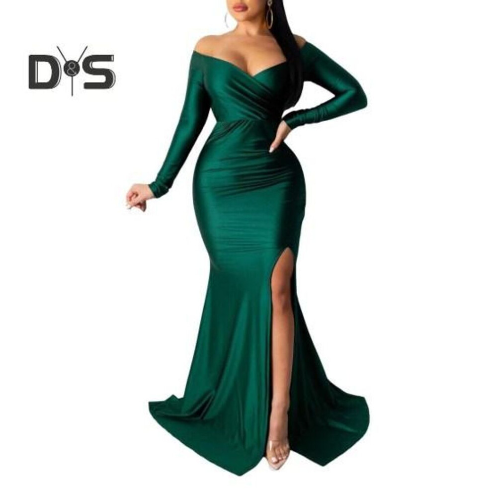 (green, XL) Lady Evening Dress V Neck Off Shoulder Side Slit Floor Length Long Sleeves Pleated Slim Fit Maxi Dress Ball Gown Banquet Party Dress