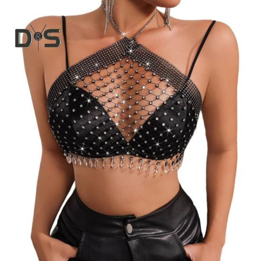 (S, black) Sexy Halter Tops Sleeveless Backless Cropped Tops Hollow Fishnet Shiny Rhinestones Inlaid Perspective Neck Strap Top