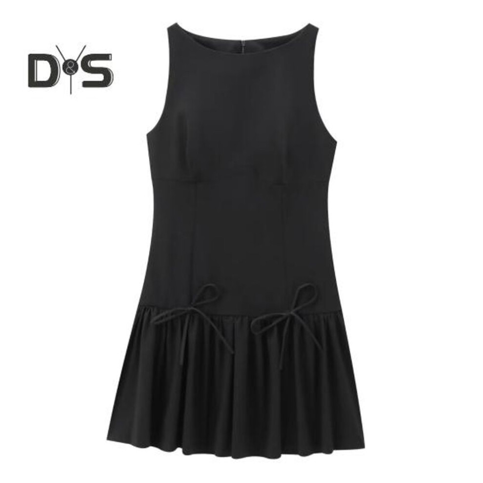 (black, XS) Women Summer Dress Sleeveless Bow Decor Pleated A-line Solid Color Mini Dress Back Zipper Closure O Neck Vest Dress For Dating Party