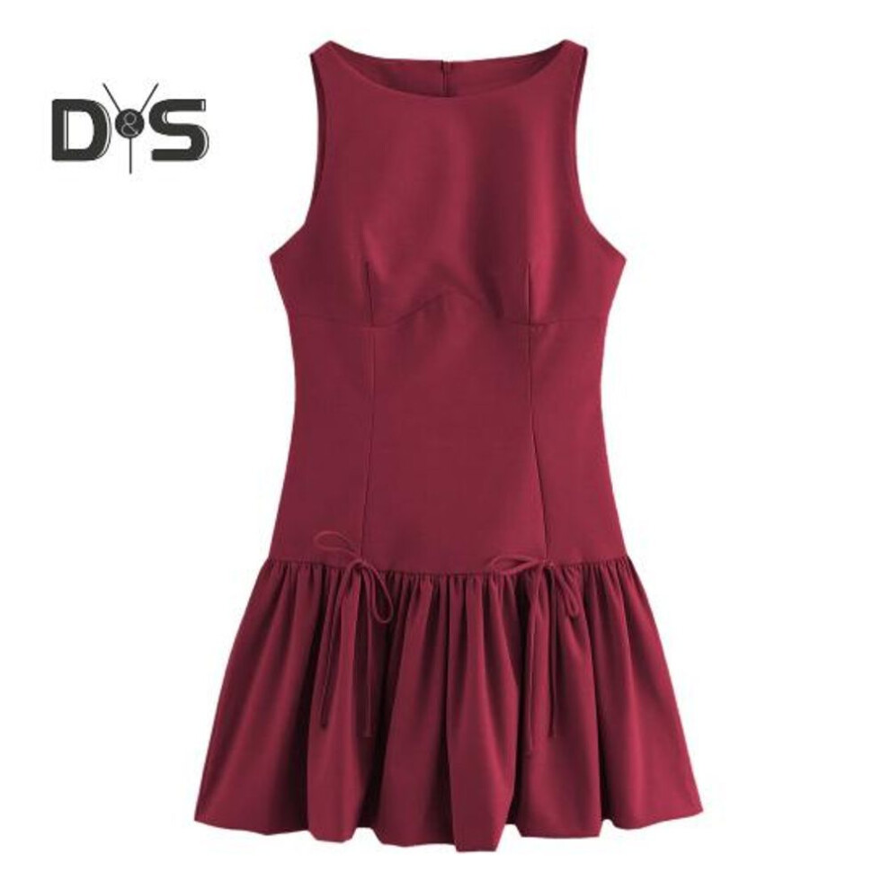 (red, XS) Women Summer Dress Sleeveless Bow Decor Pleated A-line Solid Color Mini Dress Back Zipper Closure O Neck Vest Dress For Dating Party