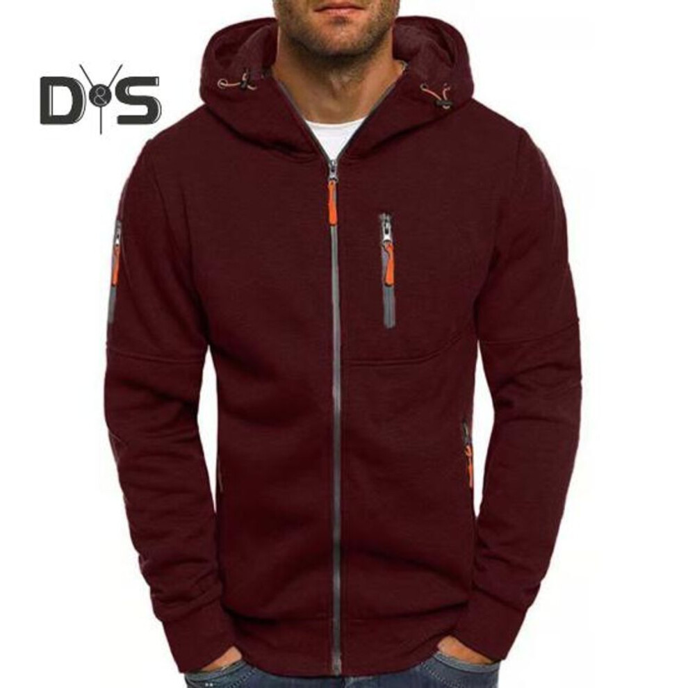 (wine red, XXL) Men Spring Fall Fitness Hoodie with Zipper Pockets Zip-up Cardigan Thick Solid Color Daily Coat Elastic Cuffs And Hem Jacket for Travel And Work