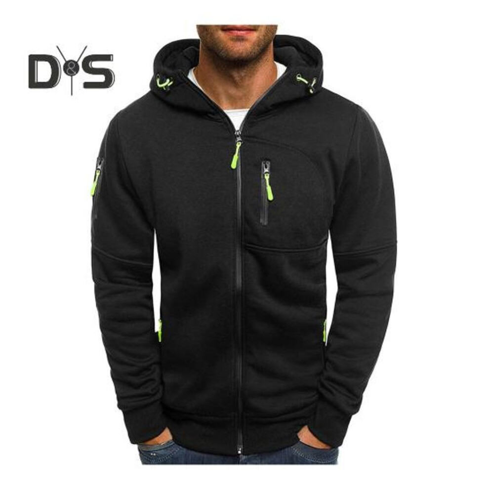 (black, L) Men Spring Fall Fitness Hoodie with Zipper Pockets Zip-up Cardigan Thick Solid Color Daily Coat Elastic Cuffs And Hem Jacket for Travel And Work