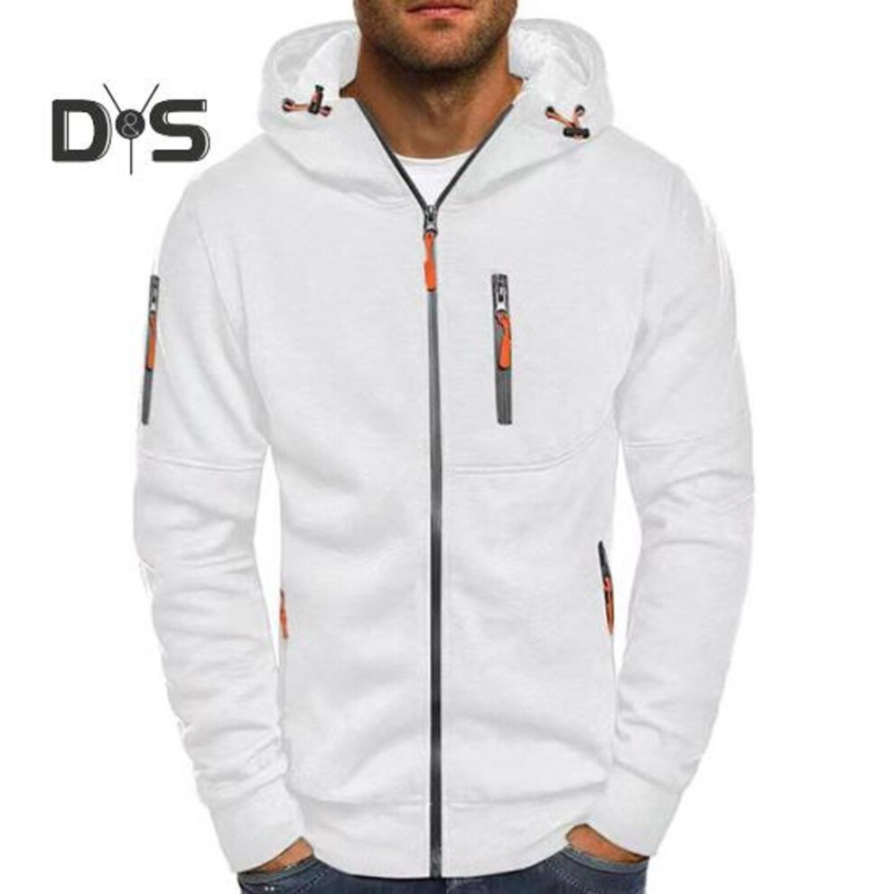 (white, M) Men Spring Fall Fitness Hoodie With Zipper Pockets Zip-up Cardigan Thick Solid Color Daily Coat Elastic Cuffs And Hem Jacket For Travel And Work