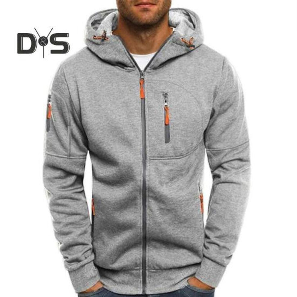 (light grey, XXL) Men Spring Fall Fitness Hoodie with Zipper Pockets Zip-up Cardigan Thick Solid Color Daily Coat Elastic Cuffs And Hem Jacket for Travel And Work