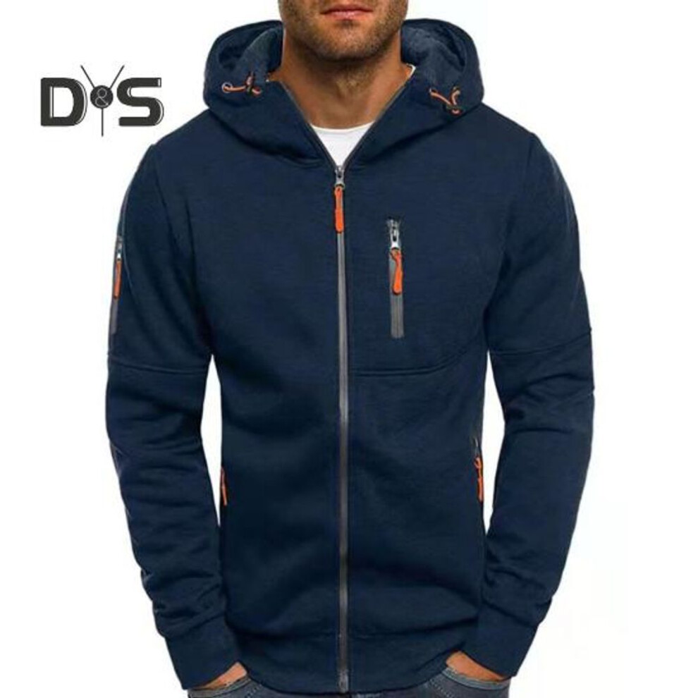 (navy blue, XXXL) Men Spring Fall Fitness Hoodie With Zipper Pockets Zip-up Cardigan Thick Solid Color Daily Coat Elastic Cuffs And Hem Jacket For Travel And Work