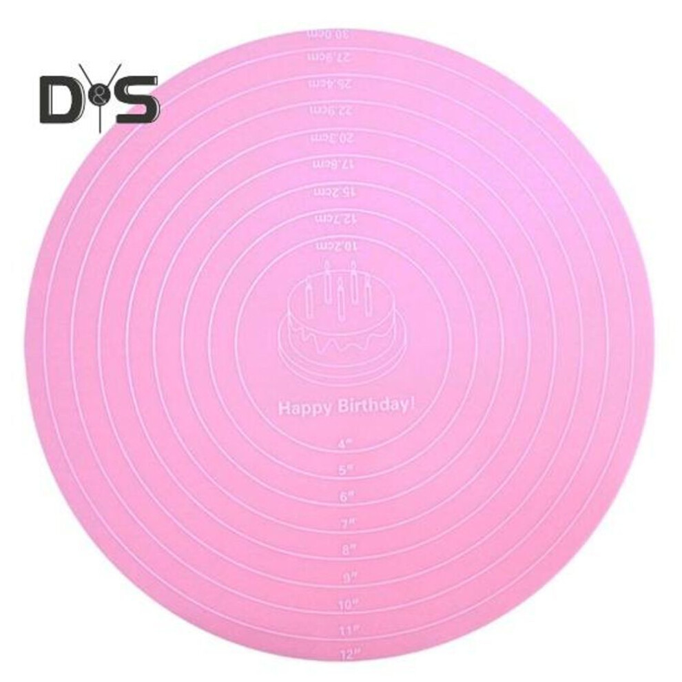 (pink) 30cm Turntable Silicone Baking Mat with Measurement Durable Dishwasher Safe Pastry Mat