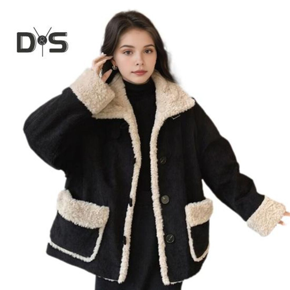 (black, XL) Women Winter Jacket Retro Fleece Contrast Color Thickened Plush Outerwear High Collar Neck Protecting Windproof Single-breasted Coat with Pockets