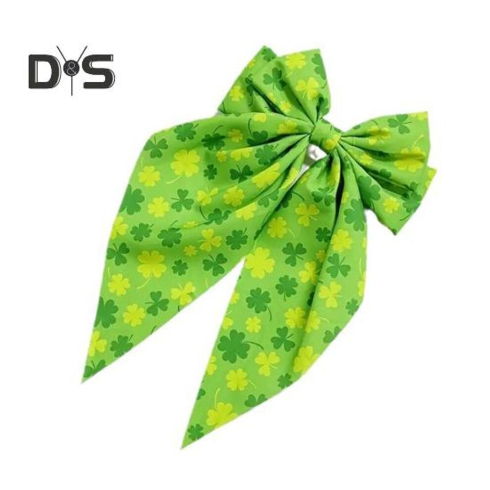 (as the picture, 2) Green Bowknot Ribbon Hairpin With Four-leaf Clover Pattern Spring Clip Back Head Hair Pin Sweet Style Ribbon Clip