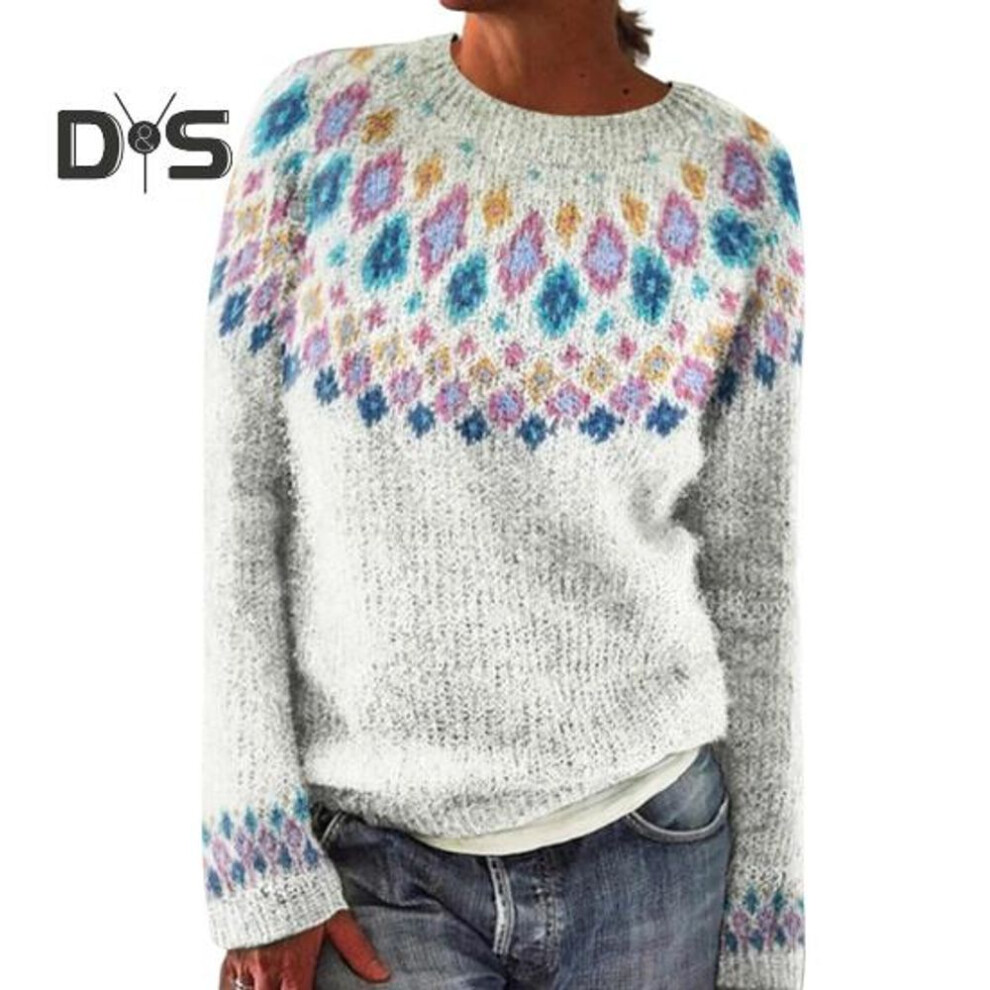 (S, white) Women Sweater Round Neck Long Sleeve 3D Digital Print Knitting Tops Loose Fit Casual Knitwear Work Party Wear