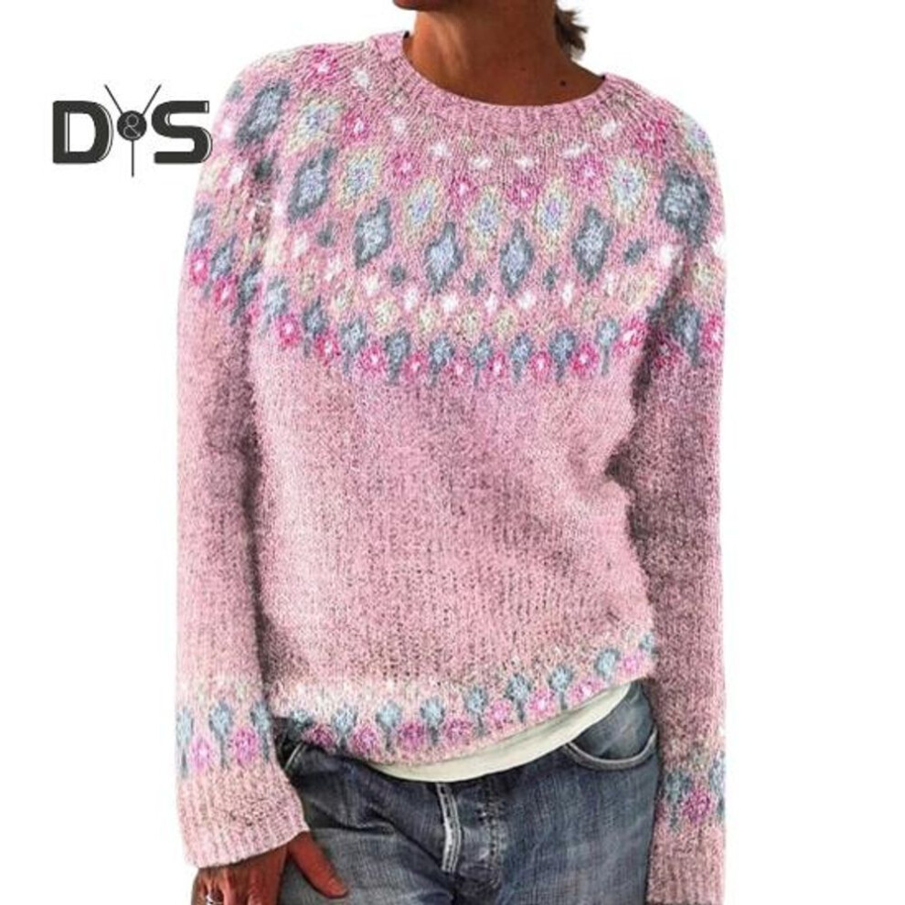 (L, pink) Women Sweater Round Neck Long Sleeve 3D Digital Print Knitting Tops Loose Fit Casual Knitwear Work Party Wear