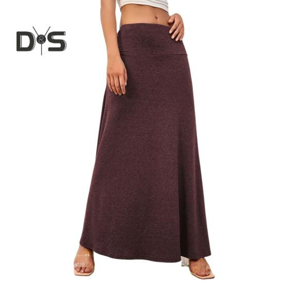 (L, wine red) Women Maxi Skirt Elastic High Waist A-line Long Skirt Solid Color Design Casual Knitting Skirt Spring Autumn Daily Wear
