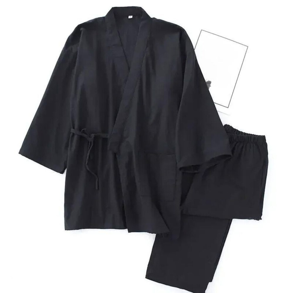 (L, black) Men's Cotton Kimono Robe Pajamas Thin Spring and Fall Black and Navy Color Family Clothing Loose Casual Men's Robe Set