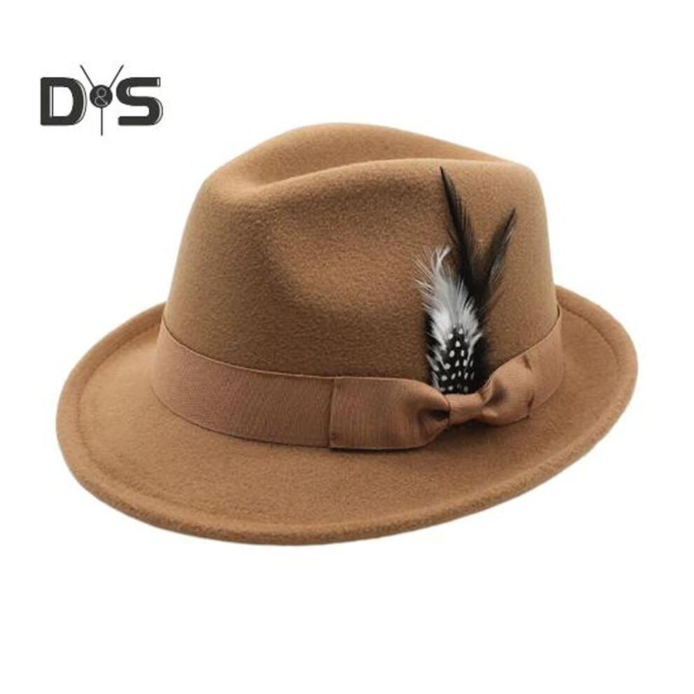 (khaki) Men Fedora Hat Feather And Bow Decor Vintage Short Brim Felt Hat Solid Color Women Panama Hat 1920s Floppy Hat for All-Day Wear
