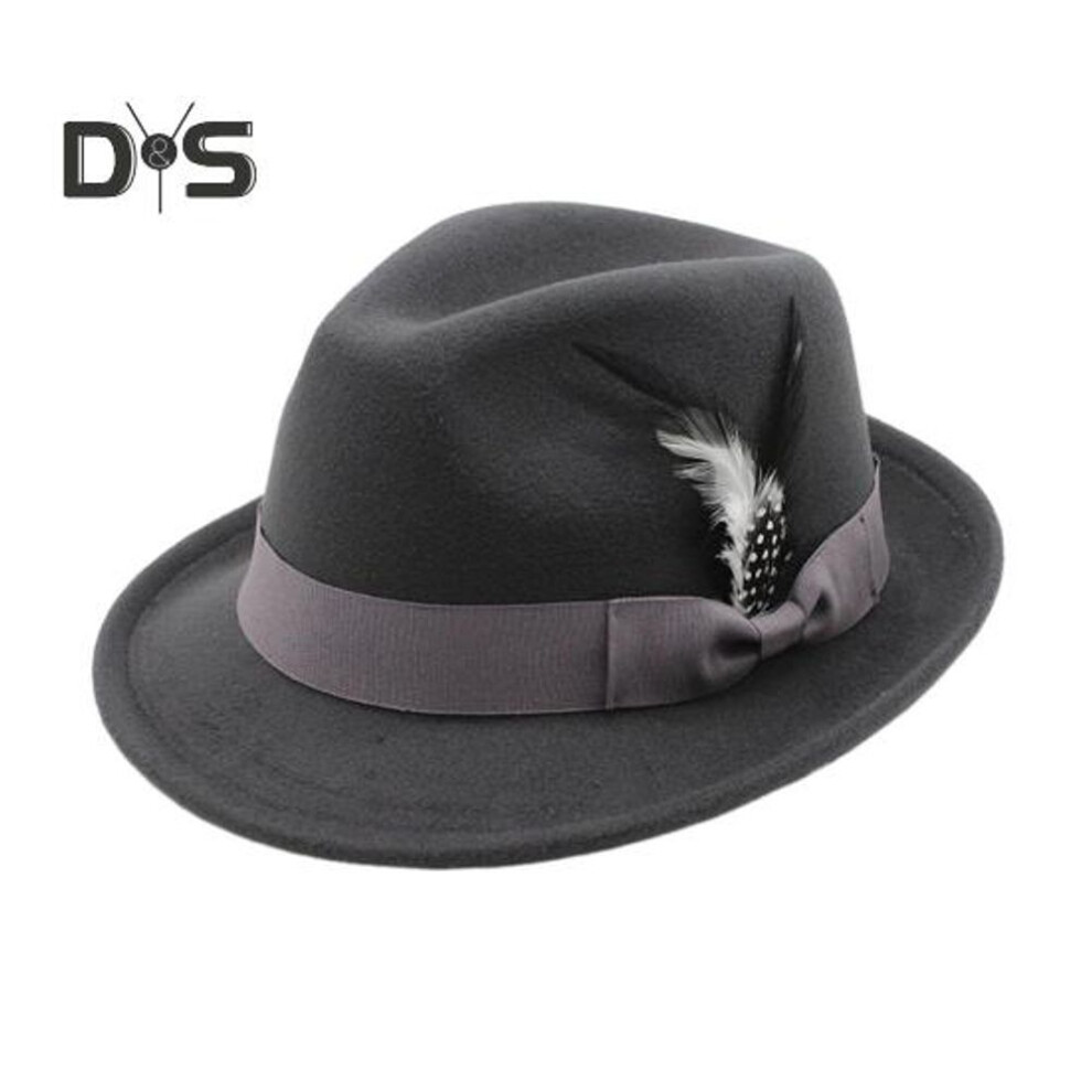 (dark gray) Men Fedora Hat Feather And Bow Decor Vintage Short Brim Felt Hat Solid Color Women Panama Hat 1920s Floppy Hat For All-day Wear