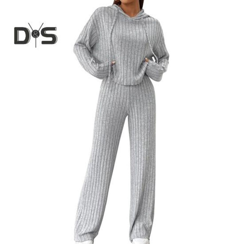 (grey, S) 2 Pcs/set Women Hoodie Pants Suit Drawstring Thread Long Sleeves Solid Color Top High Waist Wide Leg Sport Trousers Spring Fall Tracksuit