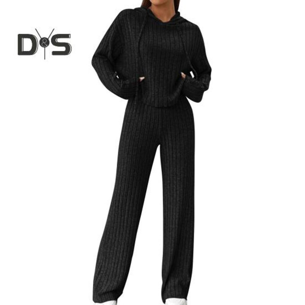 (black, XXL) 2 Pcs/set Women Hoodie Pants Suit Drawstring Thread Long Sleeves Solid Color Top High Waist Wide Leg Sport Trousers Spring Fall Tracksuit