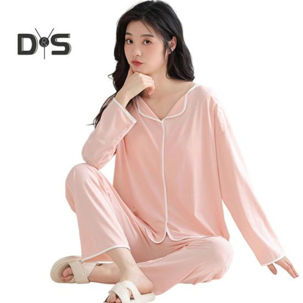 (XL, pink) 2 Pcs/Set Women Pajamas Suit with Chest Pads Long Sleeves Loose Solid Color Top Elastic Waist Wide Leg Sleepwear Spring Fall Homewear Clothes