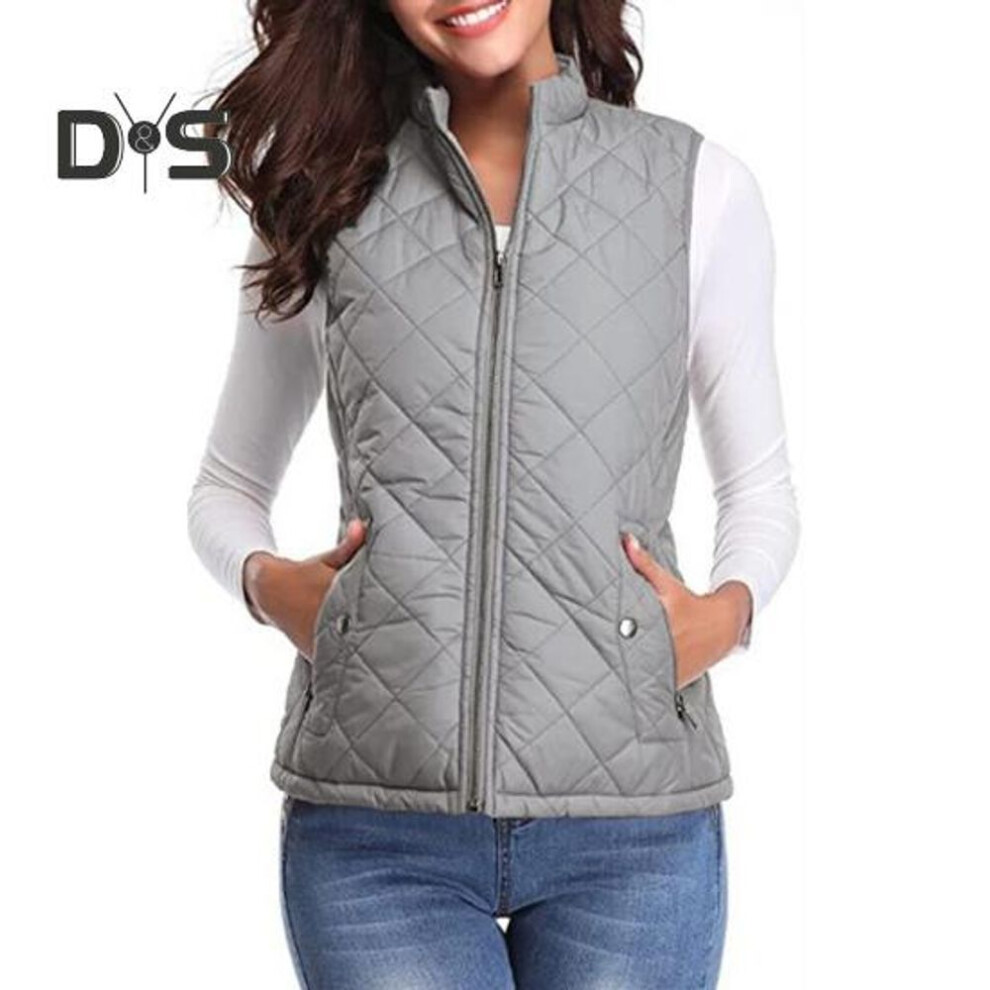 (light grey, XXL) Women Coat Stand Collar Sleeveless Padded Zip-up Solid Color Heat Retention Waistcoat Cardigan Vest Coat For Daily Work Commuting