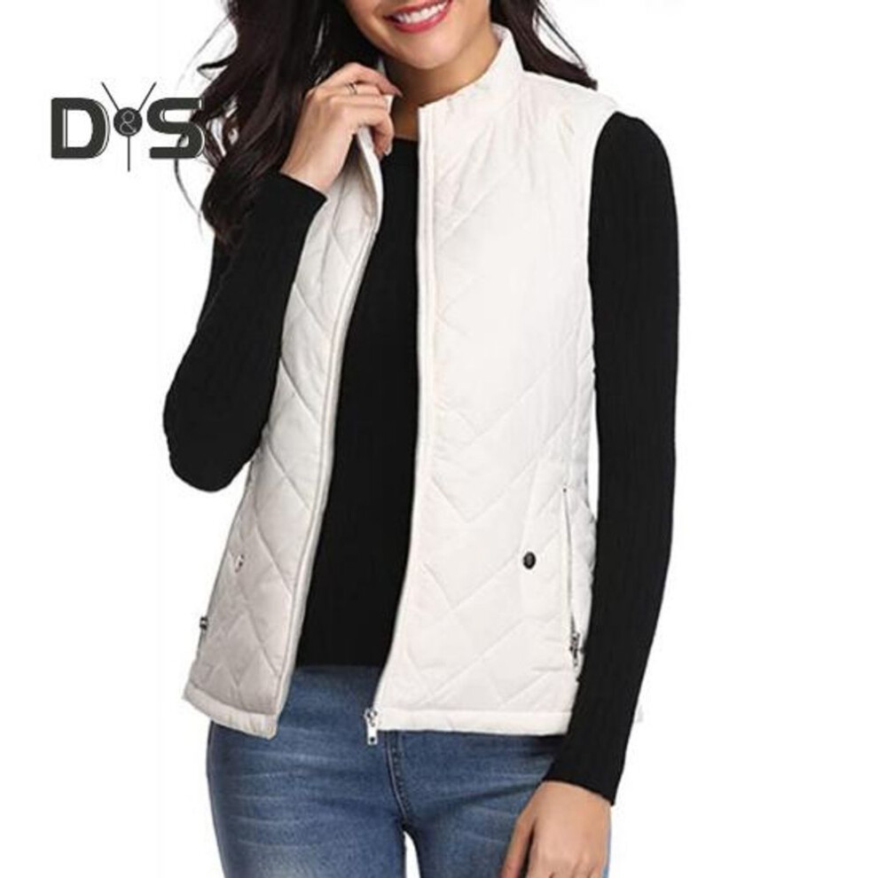 (white, L) Women Coat Stand Collar Sleeveless Padded Zip-up Solid Color Heat Retention Waistcoat Cardigan Vest Coat For Daily Work Commuting