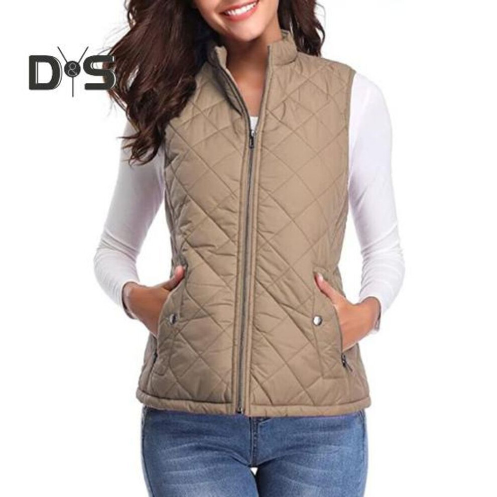 (dark khaki, L) Women Coat Stand Collar Sleeveless Padded Zip-up Solid Color Heat Retention Waistcoat Cardigan Vest Coat For Daily Work Commuting