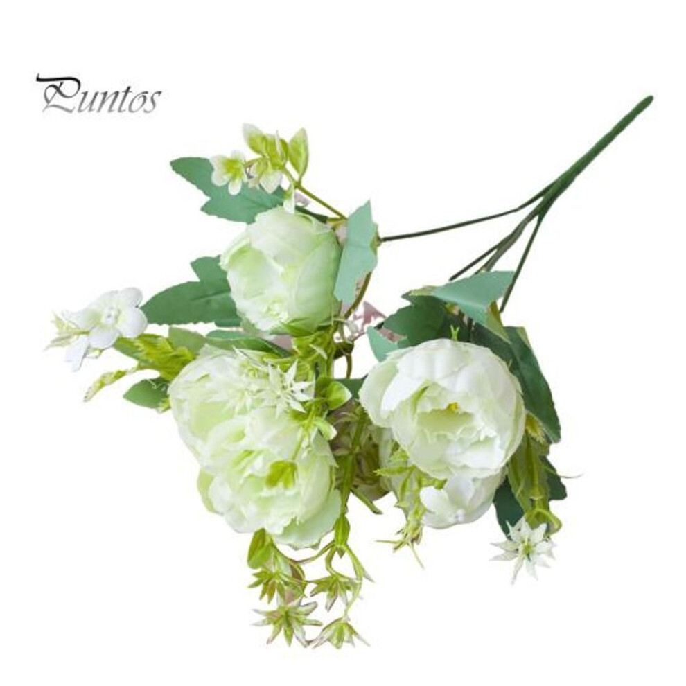 (green) Artificial Peony Bouquet 5 Head Realistic Fake Silk Flower Wedding Party Home Office Table Centerpiece Plastic Faux Floral Plants Decoration Ornament