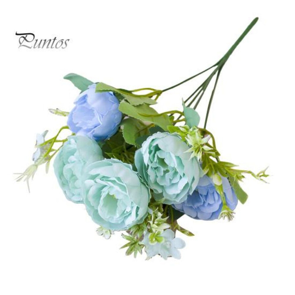 (blue) Artificial Peony Bouquet 5 Head Realistic Fake Silk Flower Wedding Party Home Office Table Centerpiece Plastic Faux Floral Plants Decoration Ornament