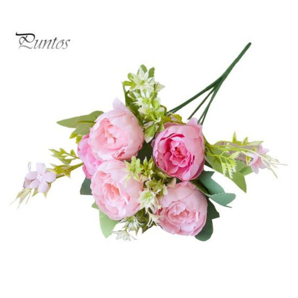 (pink) Artificial Peony Bouquet 5 Head Realistic Fake Silk Flower Wedding Party Home Office Table Centerpiece Plastic Faux Floral Plants Decoration Ornament