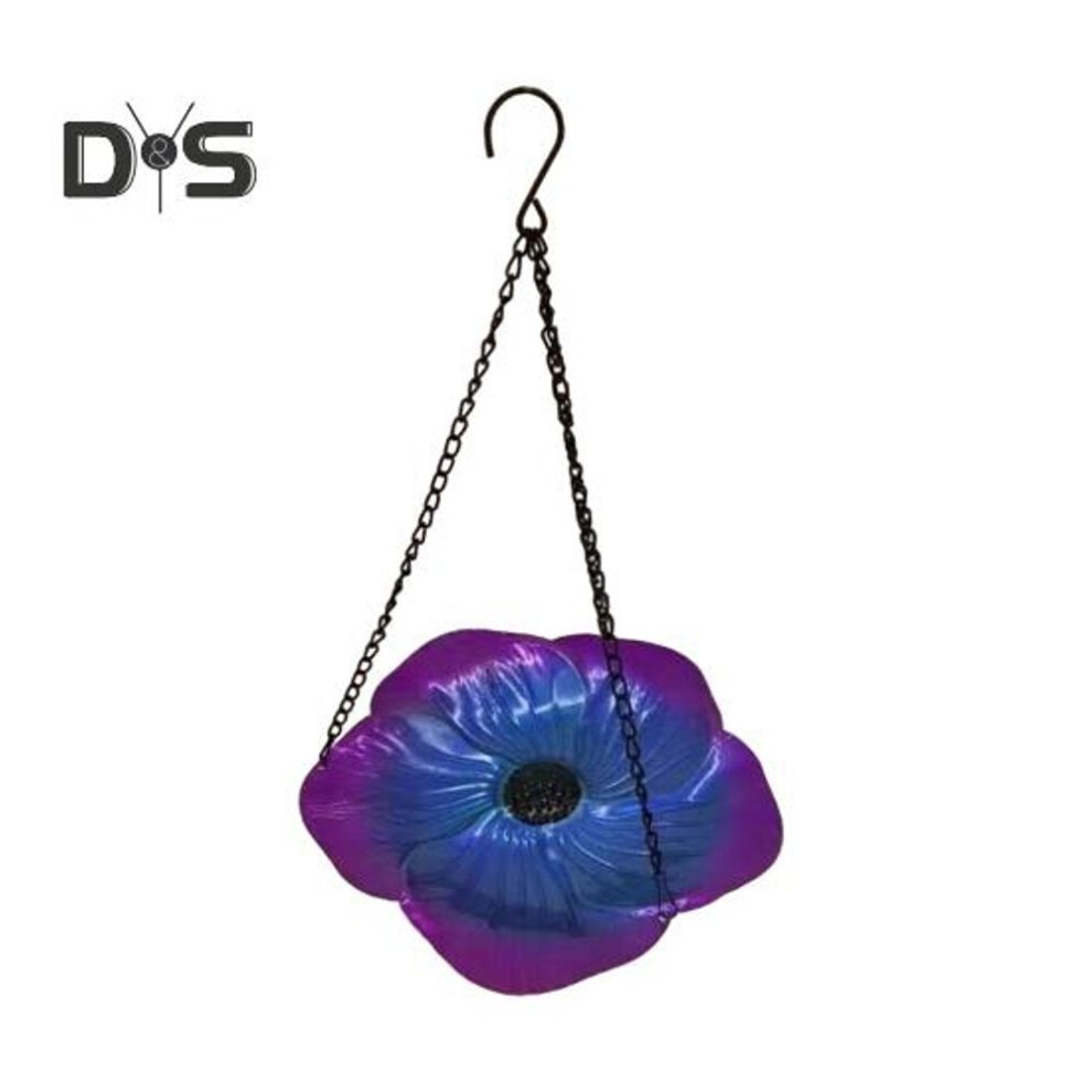 (purple) Hanging Bird Bath Glass Flower Design Iron Bee Watering Station Outdoor Butterfly Bath Bowl Bee Feeding Cup For Yard Garden Courtyard Decor