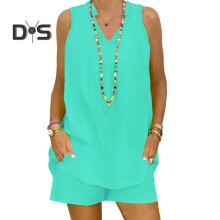 (lake blue, XL) 2 Pcs/Set Women T shirt Shorts Set Loose V Neck Sleeveless Stand Collar Solid Color Elastic Waist Pockets Casual Soft Lady Summer Homewear Sport Set