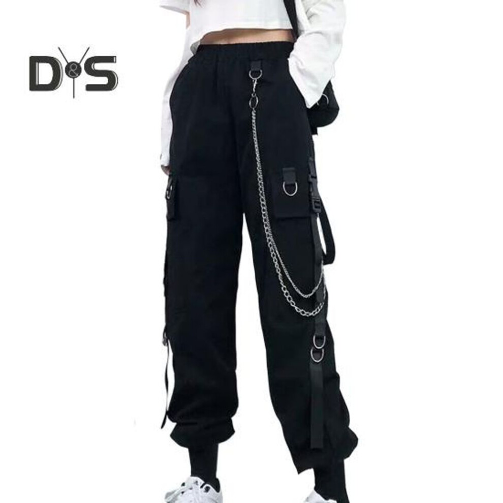 (black, 2XL) Women Cargo Pants Chain Decor Multi Pockets High Elastic Waist Solid Color Loose Deep Crotch Straight Ankle-banded Soft Breathable Hip Hop Streetwear