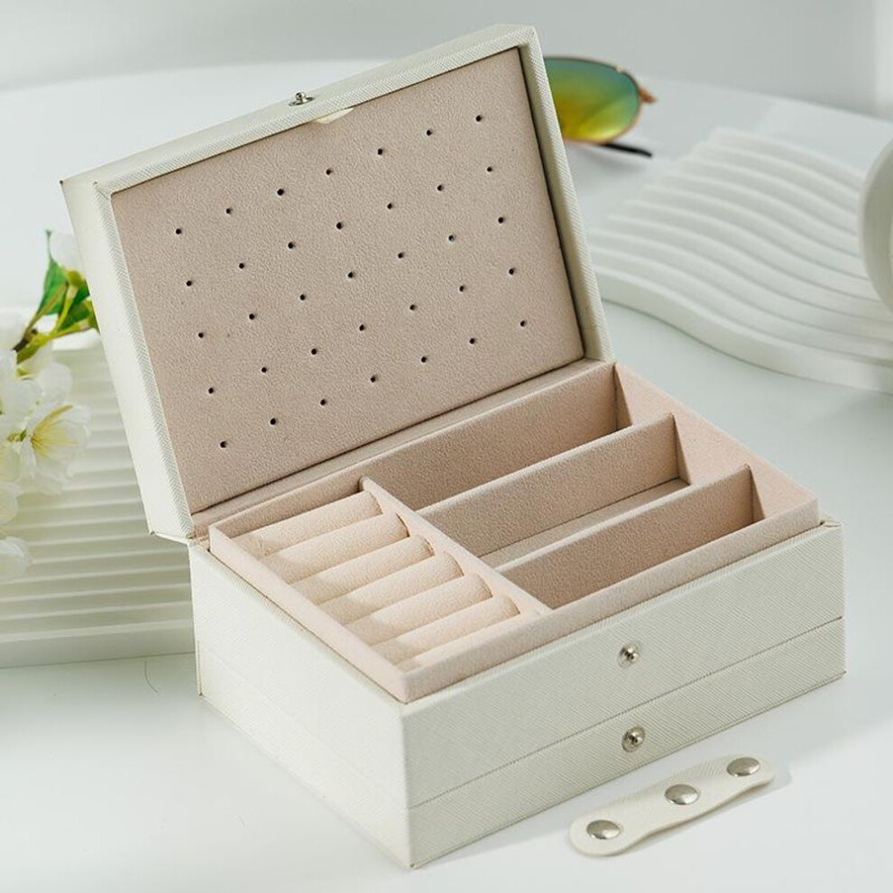 (off-white, 16.5*11.5*8cm) Compact Three-Layer Jewelry Box for Necklaces, Rings, and Earrings