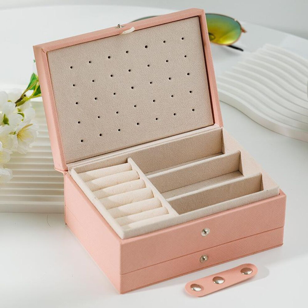 (pink, 16.5*11.5*8cm) Compact Three-Layer Jewelry Box for Necklaces, Rings, and Earrings
