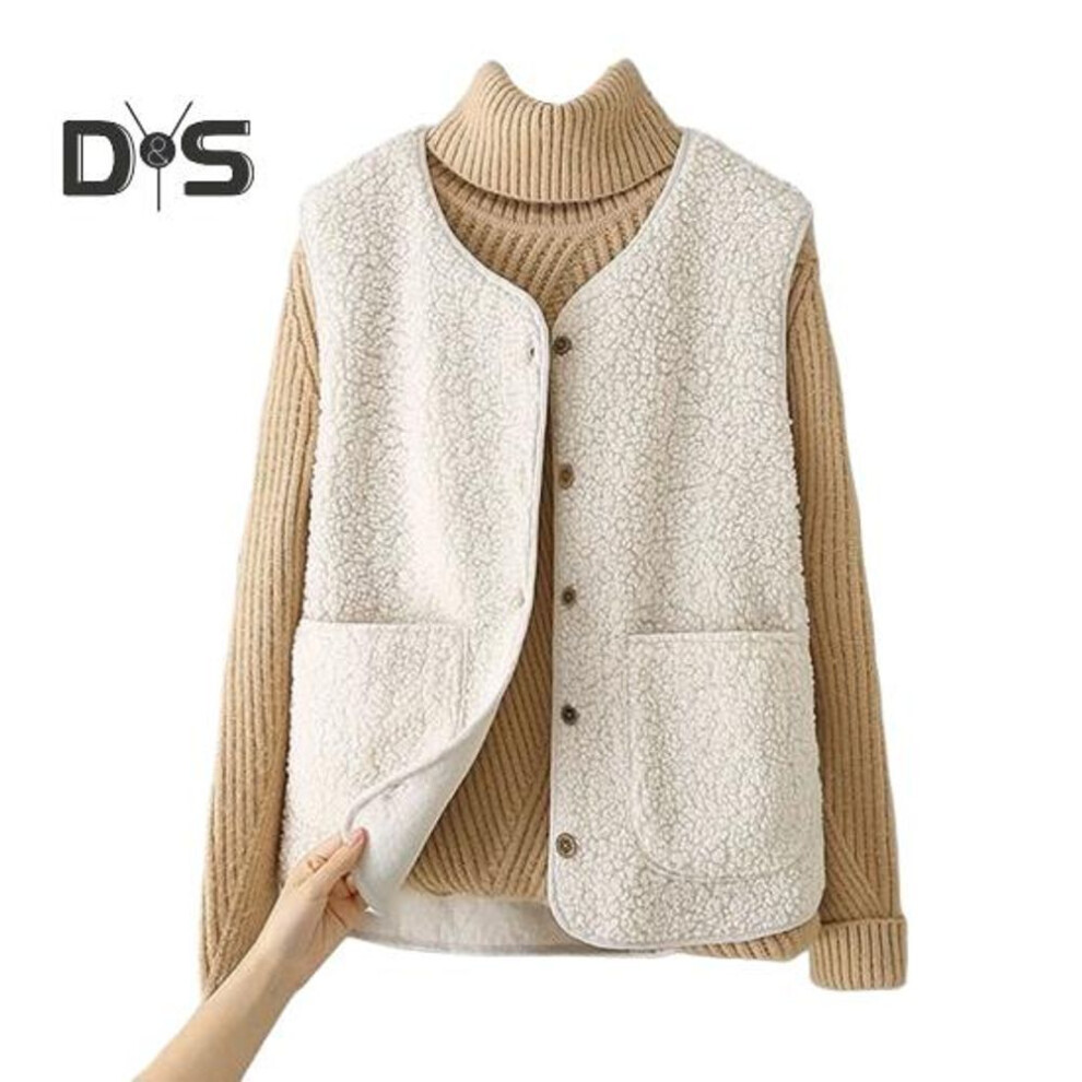 (beige, XL) Winter Women Layering Vest Coat Thin Padded Press Button Closure V Neck Thin Plush Sleeveless Solid Color Heat Retention Outdoor Jacket