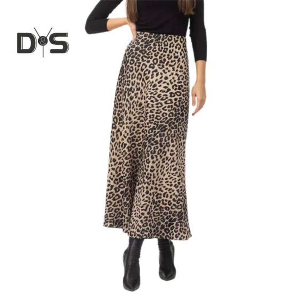 (M, beige) Leopard Print Maxi Skirt Elastic High Waist Satin Long Skirt Commuting Style A-line Skirt Spring Autumn Women Sexy Skirt