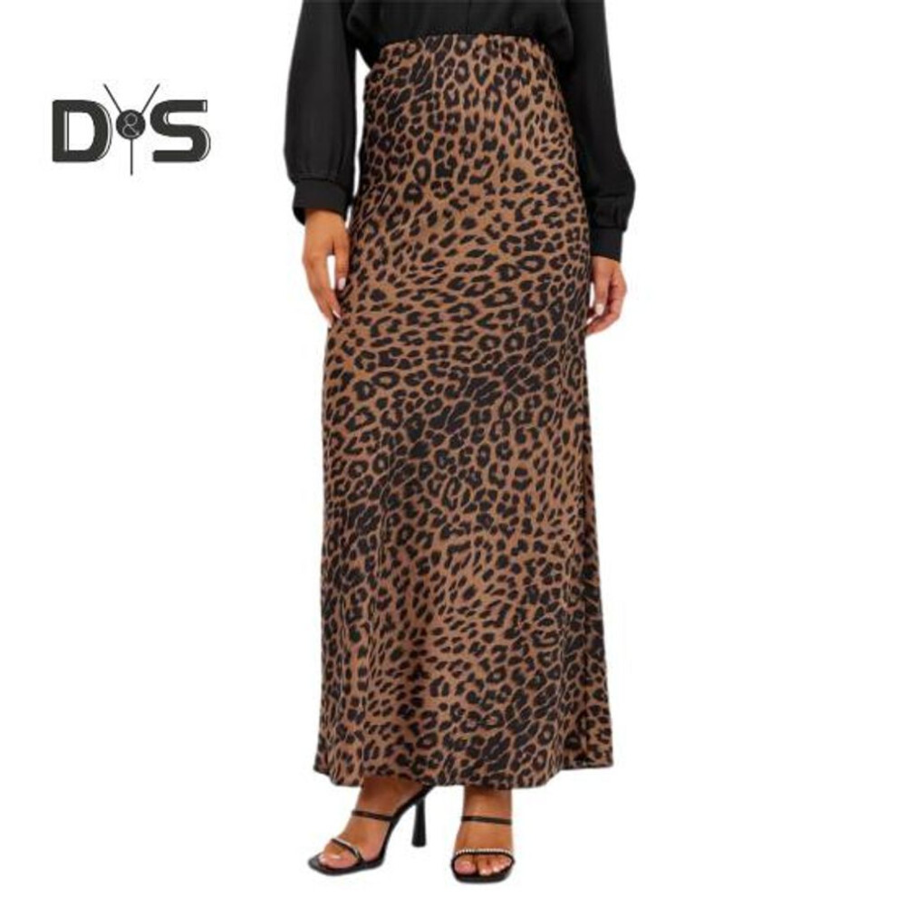 (L, brown) Leopard Print Maxi Skirt Elastic High Waist Satin Long Skirt Commuting Style A-line Skirt Spring Autumn Women Sexy Skirt