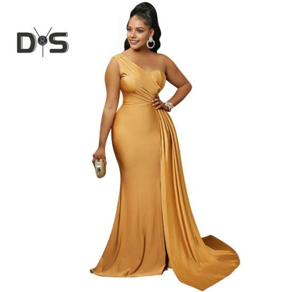 (yellow, XXL) Lady Evening Dress One Shoulder Sleeveless Split Hem Solid Color Pleated Solid Color Prom Cocktail Party Maxi Dress Ball Gown