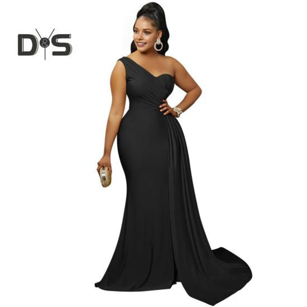 (black, L) Lady Evening Dress One Shoulder Sleeveless Split Hem Solid Color Pleated Solid Color Prom Cocktail Party Maxi Dress Ball Gown