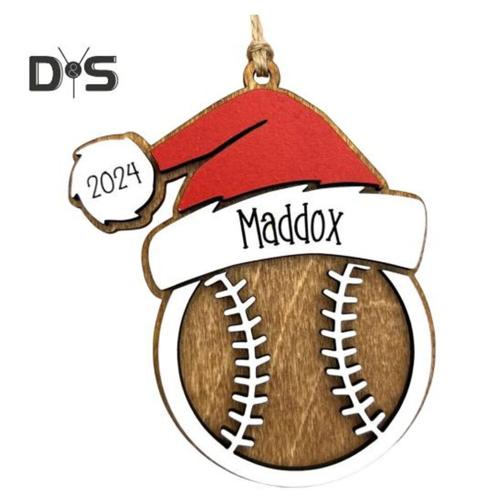(as the picture, B) Sports Christmas Ornament Wooden Baseball/volleyball/basketball With Santa Hat Xmas Tree Hanging Decoration For Holiday Decor