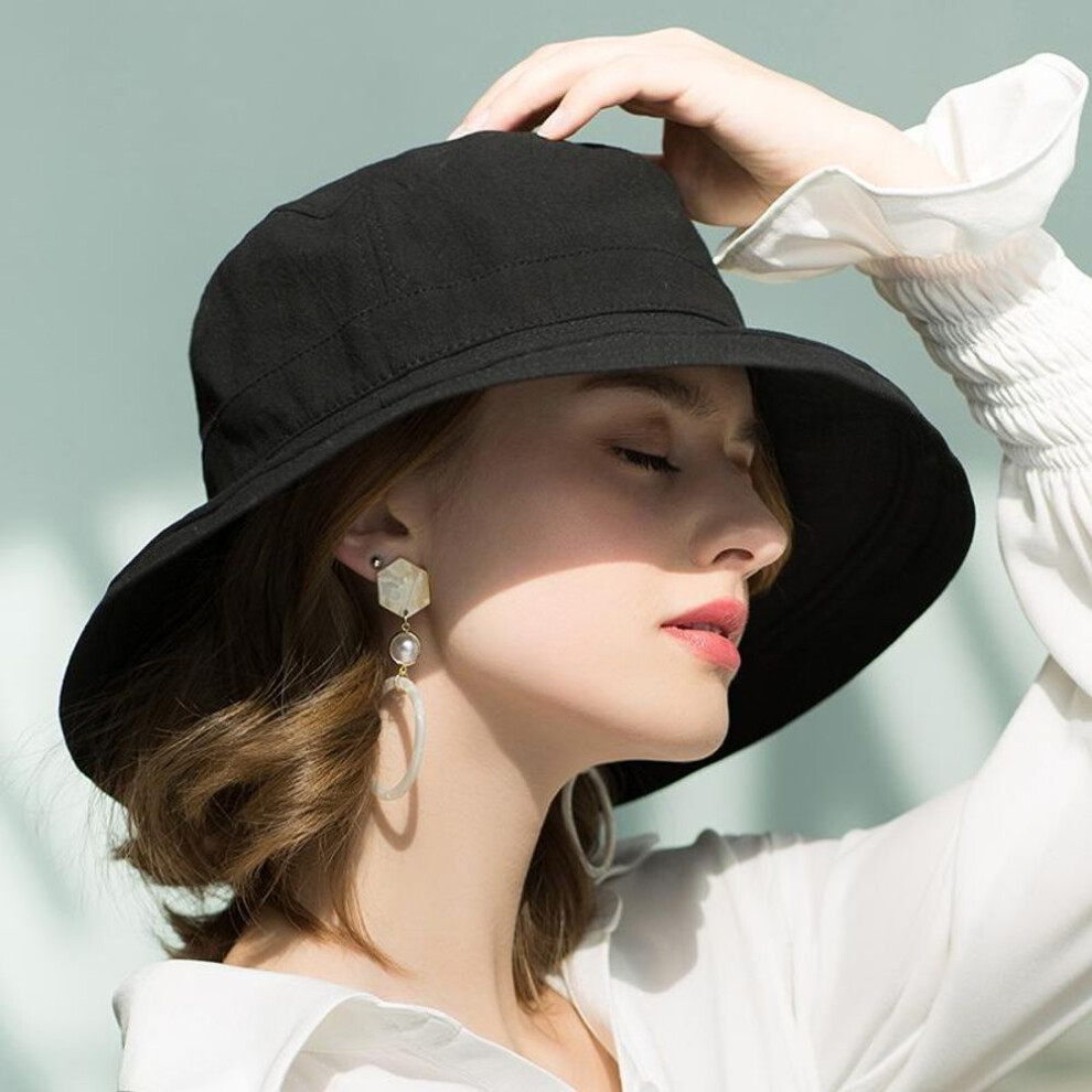 (black, F) Summer Cotton Sun Hats For Women Beach Travel Foldable Hats With Chinstrap Wide Brim And Breathable Beach Hats
