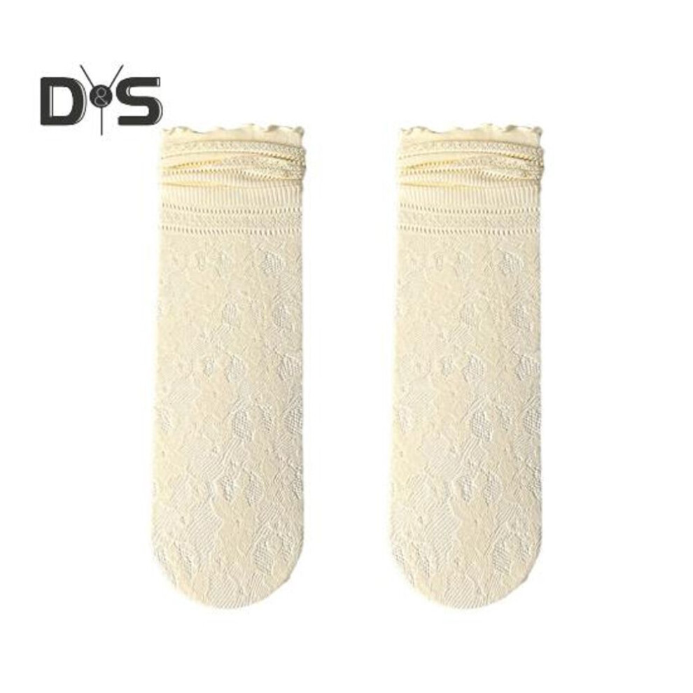 (yellow) 1 Pair Women Socks Hollow Lace Solid Color Mid-tube Thin Anti-slip High Elasticity Sweat-absorption Anti-shrink Daily Piled Socks