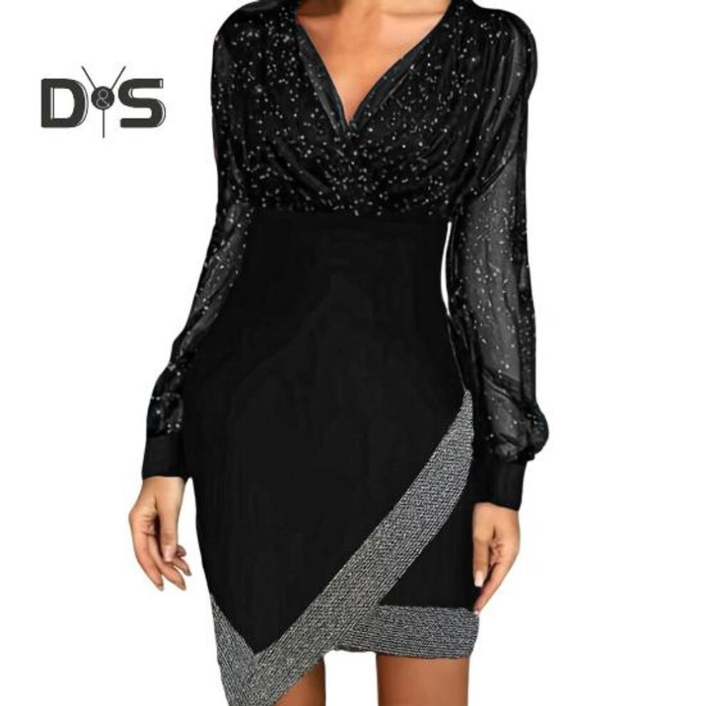 (black, S) Women Spring Fall Dress V Neck Lantern Sleeves Irregular Hem See-through Mesh Sequin Patchwork Sheath Above Knee Length Prom Party Mini Dress