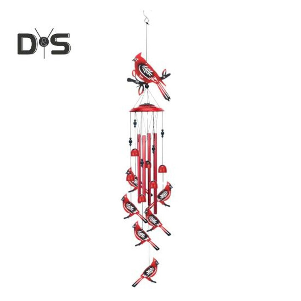 (as the picture, A) Red Bird Wind Chime With 4 Aluminum Tubes S-shaped Hook Natural Soothing Melody Vintage Garden Patio Outdoor Rooster Hanging Wind Bell Decoration