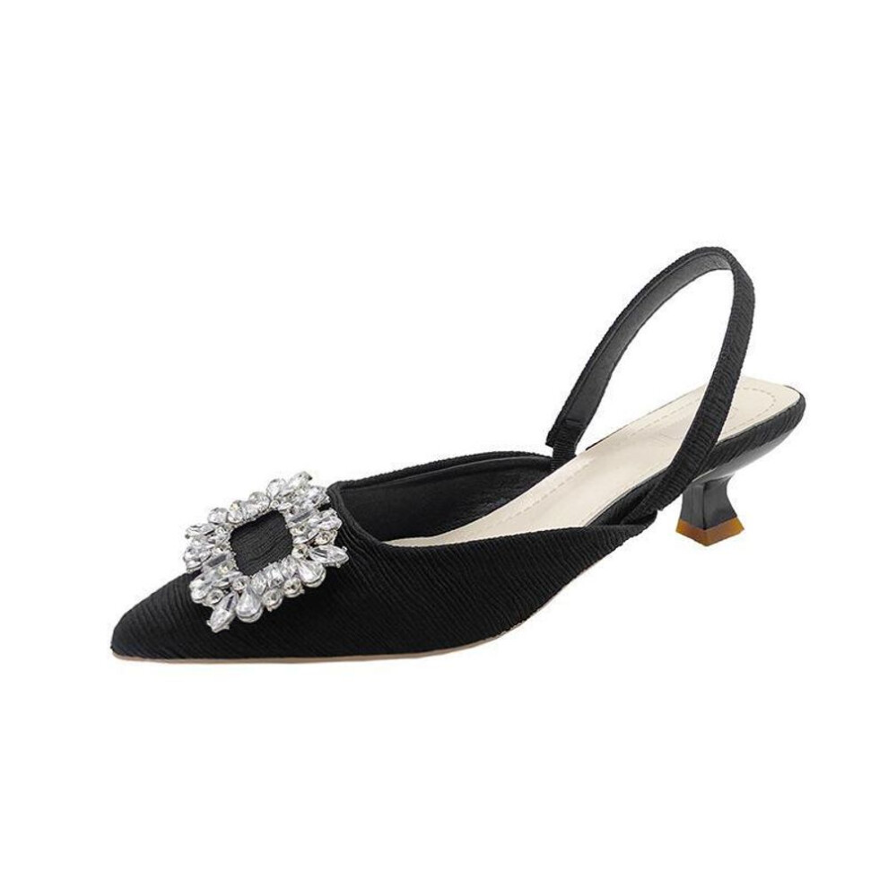 (black, 42) Women's 2024 Open-Toe Sandals: French Fairy-Style with Rhinestones, Pointed Toe, Back Strap, Thick Heel
