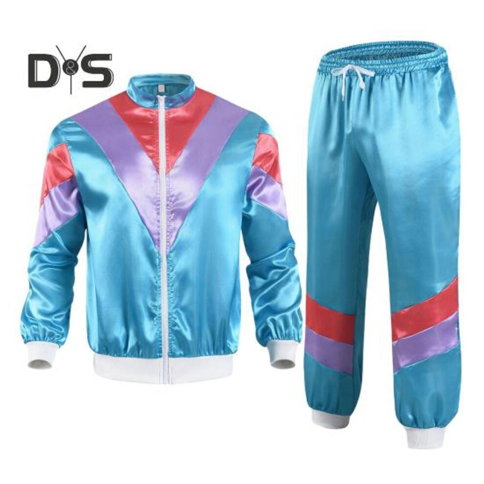 (blue, L) 80s Women Tracksuit Set Retro Hip Hop Disco Outfit Color Block Jacket Elastic Waist Pants Set Casual Sportswear