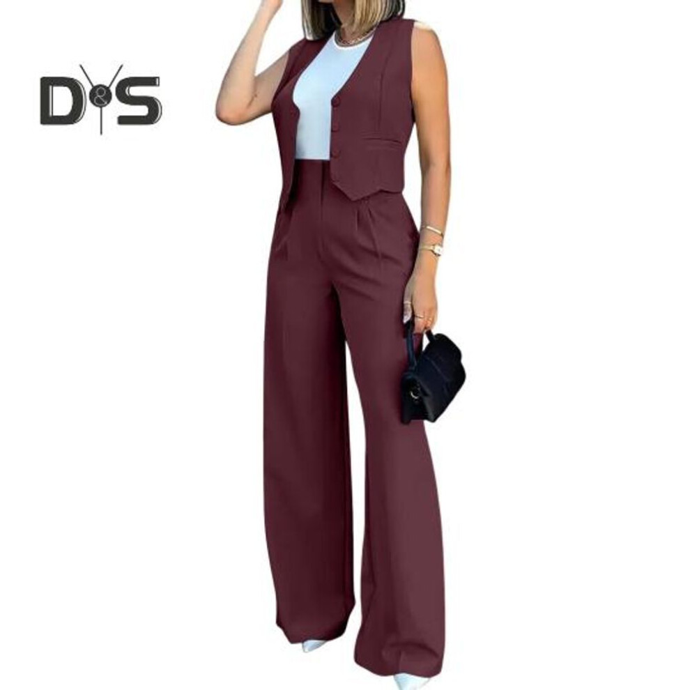 (wine red, M) Womens Vest Sets Office Ladies Dressy Two-piece Set Sleeveless Button Down Blazer Vest Wide-leg Pants Set Summer Work Outfit