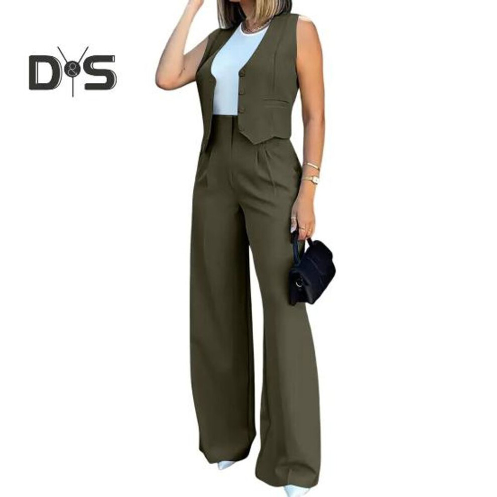 (army green, L) Womens Vest Sets Office Ladies Dressy Two-Piece Set Sleeveless Button Down Blazer Vest Wide-Leg Pants Set Summer Work Outfit