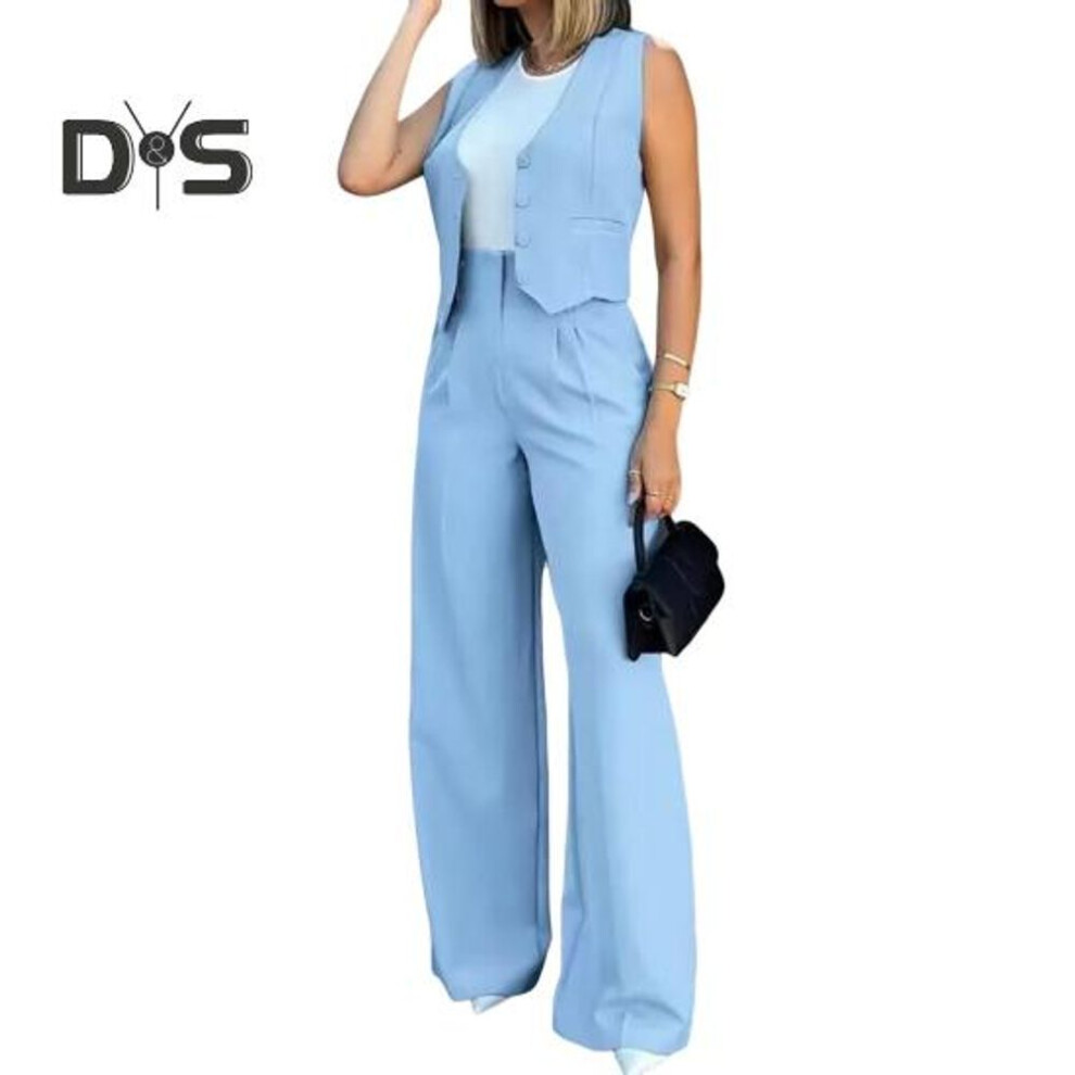 (light blue, M) Womens Vest Sets Office Ladies Dressy Two-piece Set Sleeveless Button Down Blazer Vest Wide-leg Pants Set Summer Work Outfit