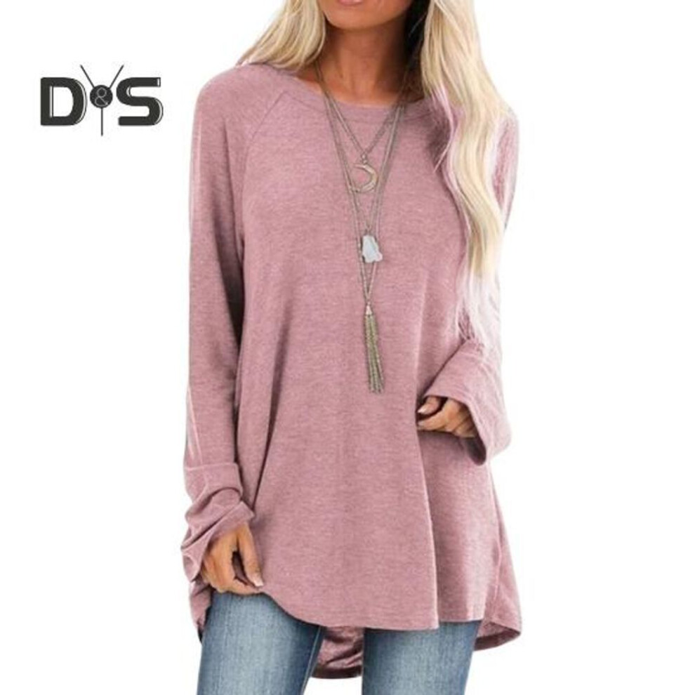 (XXL, pink) Women Tops Round Neck Long Sleeve Loose Fit Solid Color Tunic Top Casual Shirt with Hip Coverage Length